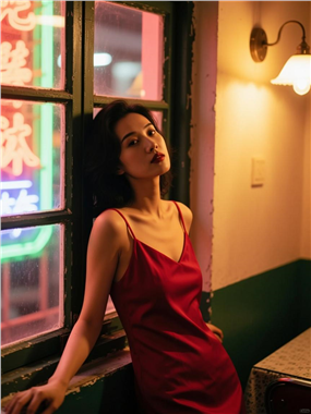 红色吊带裙慵懒风美女性感图片